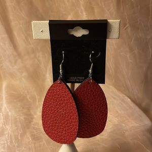 NWOT-Faux Leather, red teardrop earrings on fish hooks-new in package